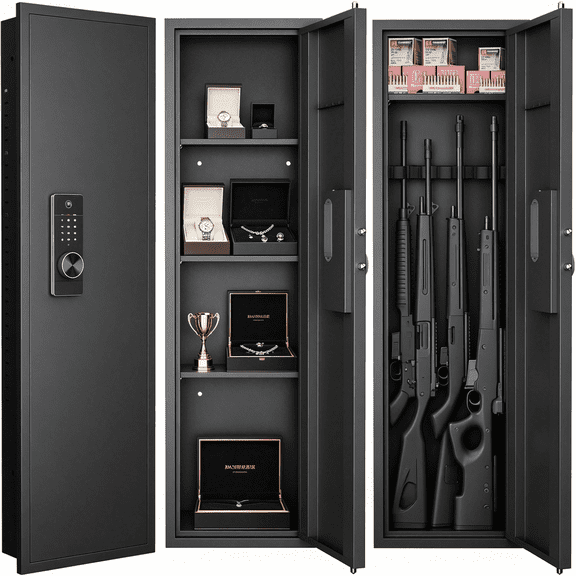 53in Biometric Storage Cabinet for Rifles, Hidden Wall Safe with Fingerprint Recognition Touch Screen Lock Adjustable Shelves and Steel Door, In Wall Gun Safe for Home Office Bedroom Closet