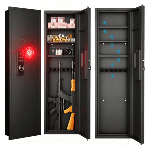 53in Rifle Wall Cabinet with Fingerprint Lock, Hidden In Wall Gun Safe Featuring Biometric Recognition Touchscreen Access Adjustable Shelves, Concealed Firearm Storage Cabinet for Home Office Bedroom