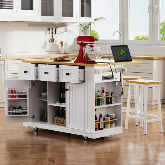 53inch Large Kitchen Island with 2 Bar Stools, Power Outlet,Door Internal Storage Rack, Kitchen Storage Cart on 5 Wheels with Drop Leaf, 5 Open Side Racks, 3 Drawers, for Kitchen,Dining Room,White