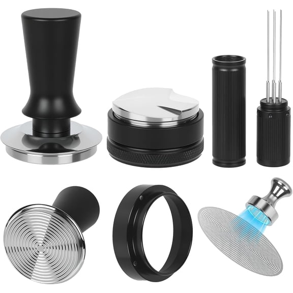 53mm Espresso Accessories Kit  Spring-Loaded Espresso Tamper, WDT Tool, Coffee Distributor, Magnetic Dosing Funnel, Puck Screen with Remover  Premium Stainless Steel & Aluminum Espresso Tools