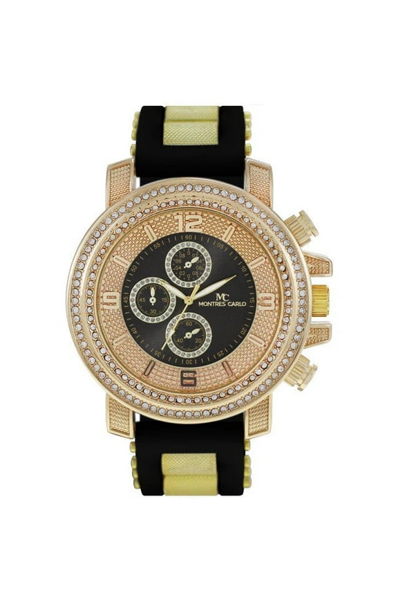 53mm Montres Carlo Men's Modern Sparkling Stones Luxury Wrist Clubbing Watch (Black/Gold/Black)