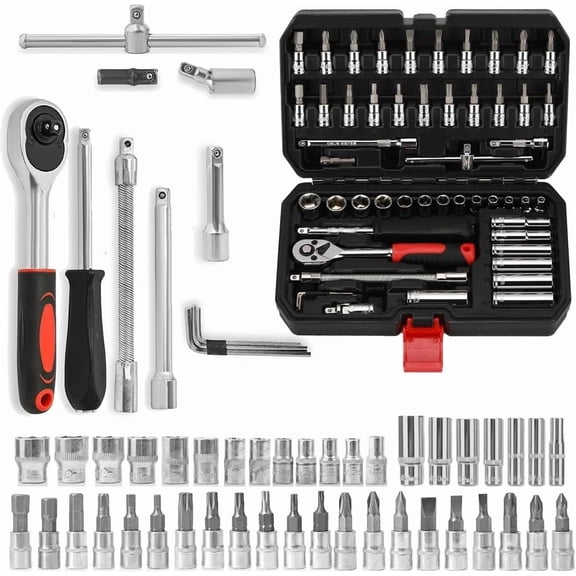 53pcs 1/4" Screw Driver Socket Ratchet Wrench Set, With Bit Socket Set Metric And Extension Bar For Auto Repairing And Household
