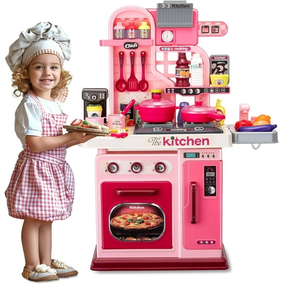 RUVINCE 53pcs Kids Kitchen Playset Chef's Cooking Stove Play Sink Oven Kitchen Toys with Realistic Lights&Sounds Pretend Play Toys for Toddlers