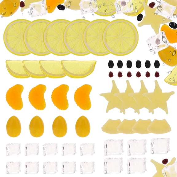 53pcs Lifelike Clear Ice Cubes Fruits Set Artificial Lemon Rocks Starfruit Pineapple Slices Simulation Yellow Tomatoes Orange for Home Kitchen Decoration Photography Prop