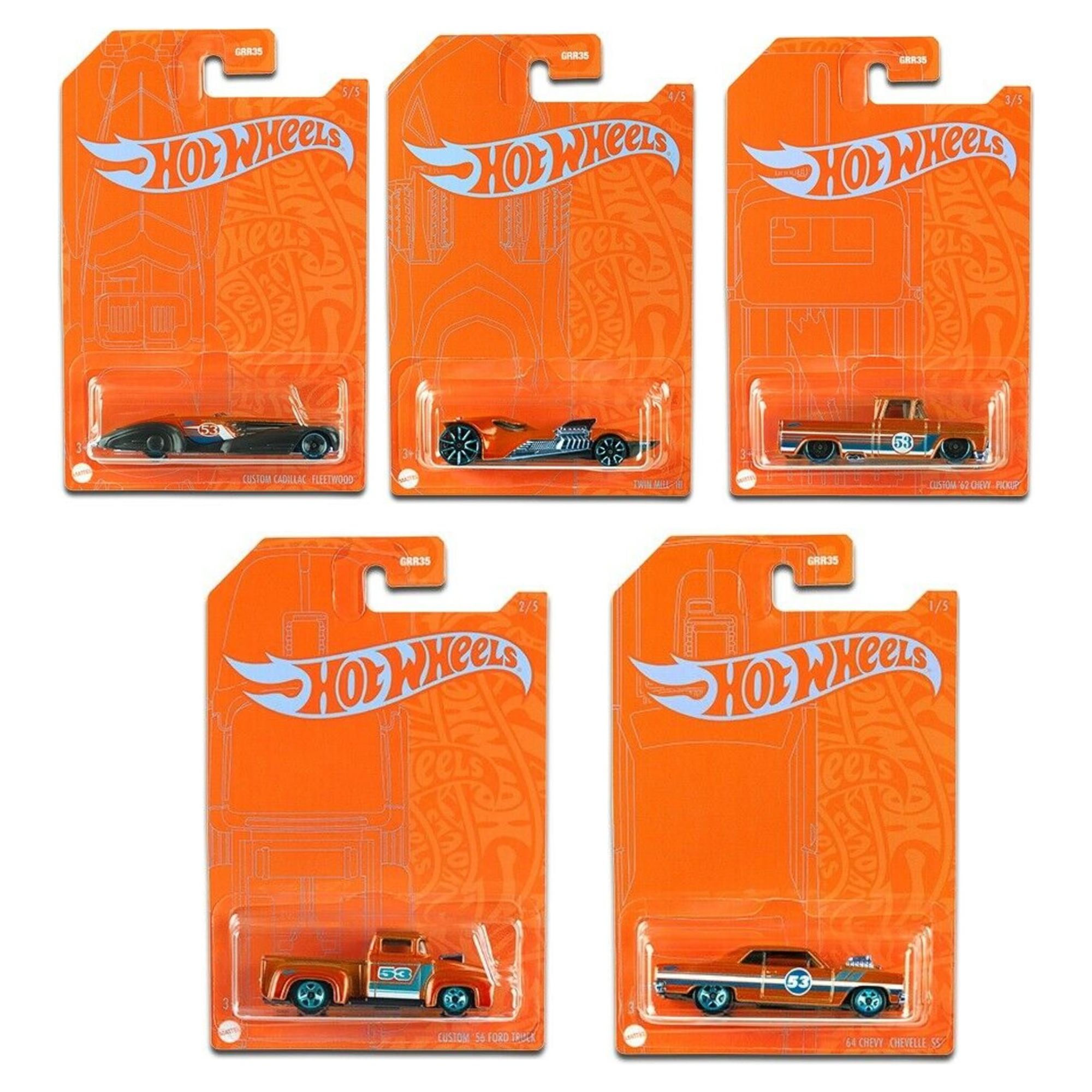 53rd Anniversary Complete Set of 5 Die-Cast Cars Exclusive Orange  Edition Collectors For Hot Wheels Vehicles Action Toy Collectibles 64 Chevy Chevelle SS Cadillac Fleetwood  56 Ford Truck - image 1 of 6