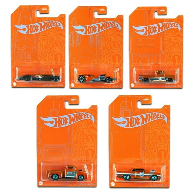 53rd Anniversary Complete Set of 5 Die-Cast Cars Exclusive Orange  Edition Collectors For Hot Wheels Vehicles Action Toy Collectibles 64 Chevy Chevelle SS Cadillac Fleetwood  56 Ford Truck