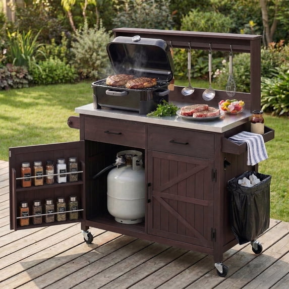 54.1" Outdoor Kitchen Island with High Shelf, Large Outdoor Potting Bench Table with Stainless Steel Top and Storage Cabinet, Solid Wood Grill Cart With Lockable Wheels for BBQ, Garden, Brown
