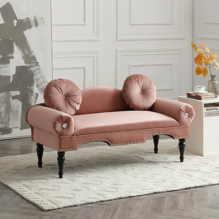 54 2 Seater Couch for Small Spaces Modern Velvet Loveseat Sofa with 2 Round Pillows and Nailhead Trim Upholstered Accent Bedside Entryway Bench for