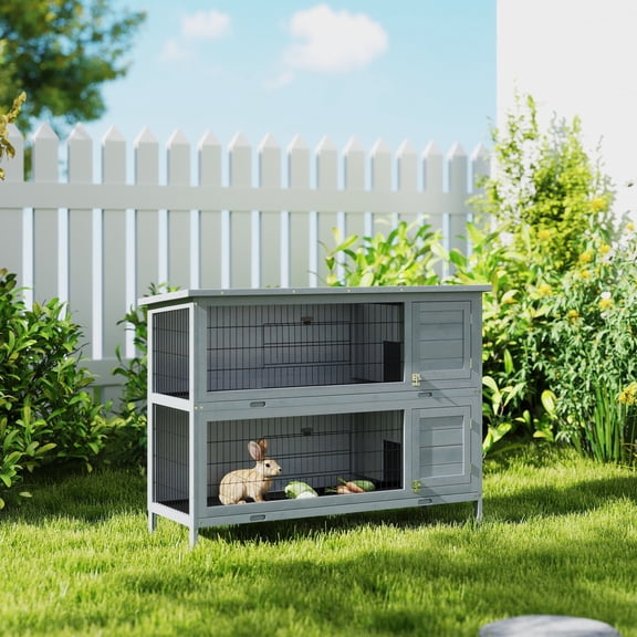 54" 2-Story Large Rabbit Hutch, Bunny Cage, Wooden Pet House with Lockable Doors, Tray, Roof, Gray