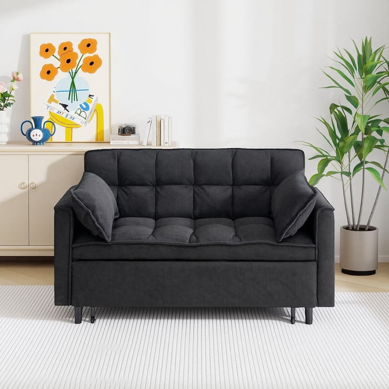 54.3" Corduroy Modular Sectional Sleeper Sofa,Loveseat with Pull Out Bed, Black – Space-Saving Couch for Living Room, Guest Bed, Apartment