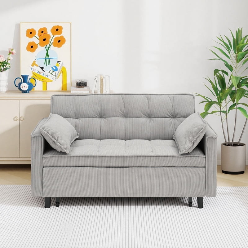 54.3" Corduroy Modular Sectional Sleeper Sofa,Loveseat with Pull Out Bed, Light Gray – Space-Saving Couch for Living Room, Guest Bed, Apartment