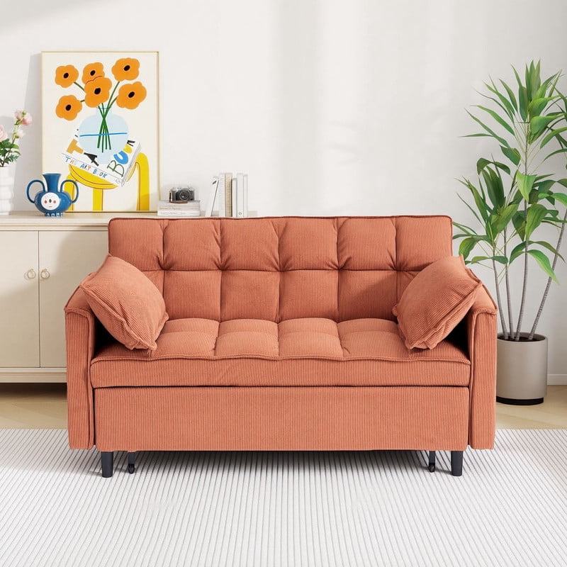 54.3" Corduroy Modular Sectional Sleeper Sofa,Loveseat with Pull Out Bed, Orange – Space-Saving Couch for Living Room, Guest Bed, Apartment