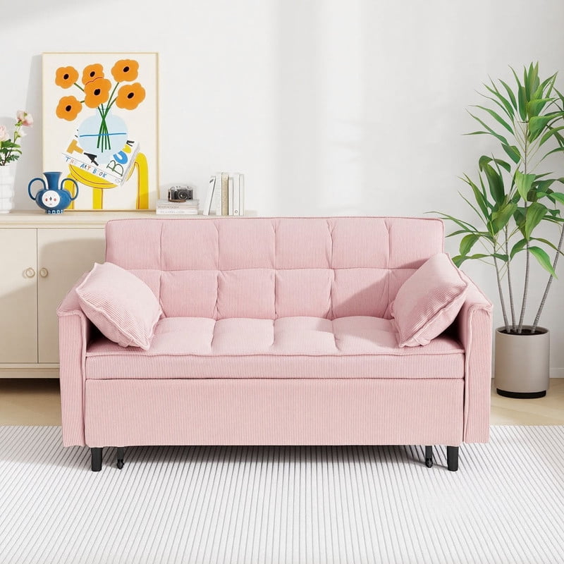 54.3" Corduroy Modular Sectional Sleeper Sofa,Loveseat with Pull Out Bed, Pink – Space-Saving Couch for Living Room, Guest Bed, Apartment