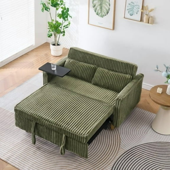 54" 3-Gear Backrest Convertible Loveseat Sleeper Sofa Bed, Pull-Out Loveseat Convertible with USB Charging, Sofa Bed Couch with Corduroy Fabric for Living Room, Green