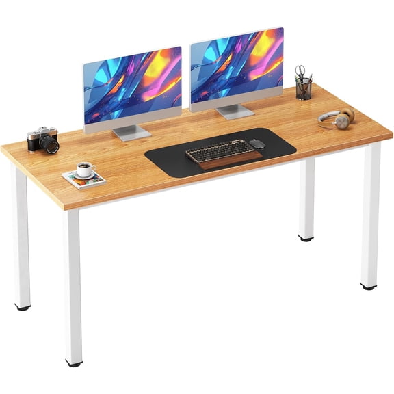 54.3 Inch Large Computer Desk, Modern Simple Style Desk for Home Office, Basic Writing Table for Study Student, Teak White