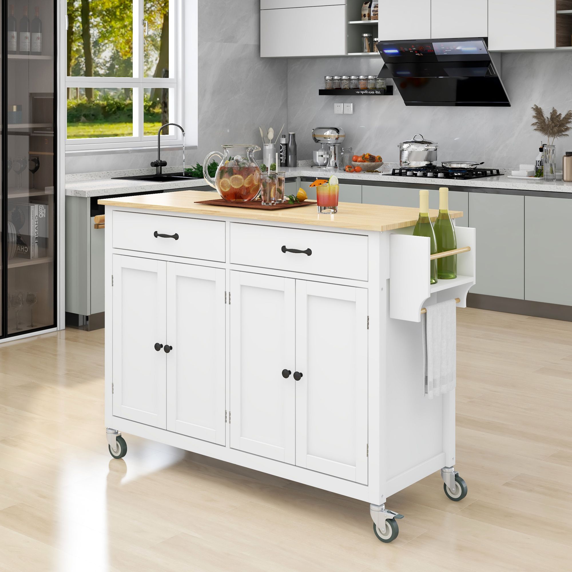 Jarenie Kitchen Storage Island,Rolling Kitchen Island on Wheels with Wood  Top, Portable Kitchen Island Cart with Towel Rack,Spice Rack and