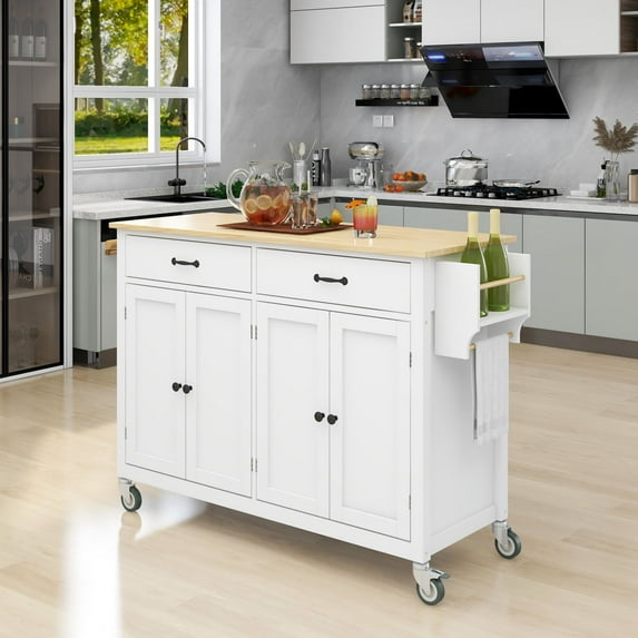 54.3" Kitchen Island Cart with Solid Wood Top and Locking Wheels,Large Trolley Cart with 4 Door Cabinet and 2Drawers,Spice Rack,Towel Rack, Kitchen and Dining Room Utensils Organizer on Wheels,White