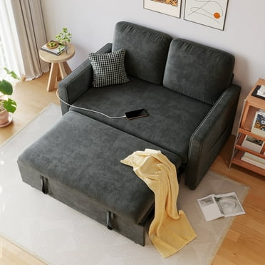 "54" 3-in-1 Convertible Sleeper Sofa Bed, Chenille Loveseat Futon with Adjustable Backrest, Storage Pockets & USB Charging Ports – Modern 2-Seater Couch for Living Room, Office, or Apartment"