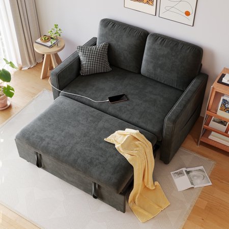 "54" 3-in-1 Convertible Sleeper Sofa Bed, Chenille Loveseat Futon with Adjustable Backrest, Storage Pockets & USB Charging Ports – Modern 2-Seater Couch for Living Room, Office, or Apartment"