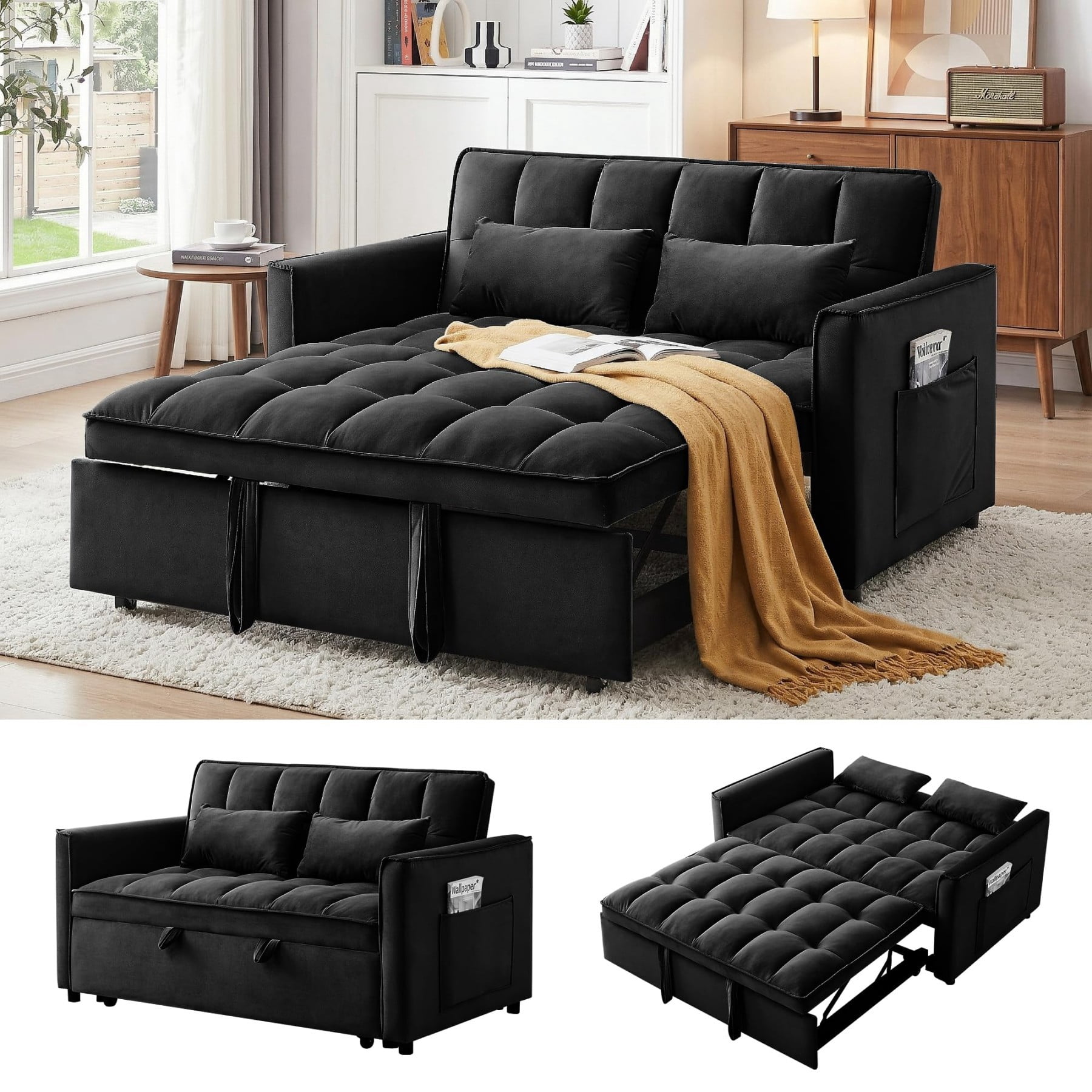 54" 3 in 1 Convertible Velvet Sofa Bed, 3 Position Foldable Sleeper Couch with Adjustable Backrest & Pillows, Black