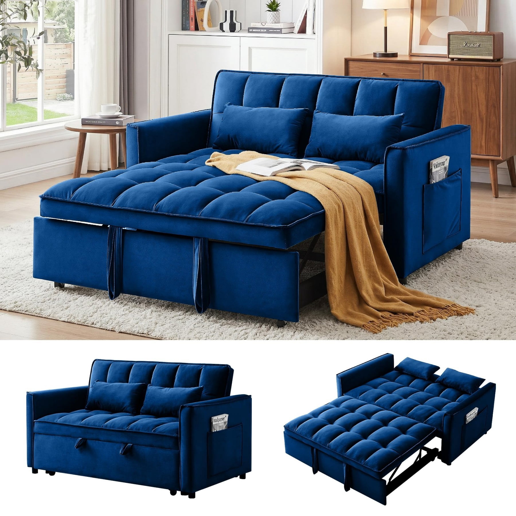 54" 3 in 1 Convertible Velvet Sofa Bed, 3 Position Foldable Sleeper Couch with Adjustable Backrest & Pillows, Dark Blue