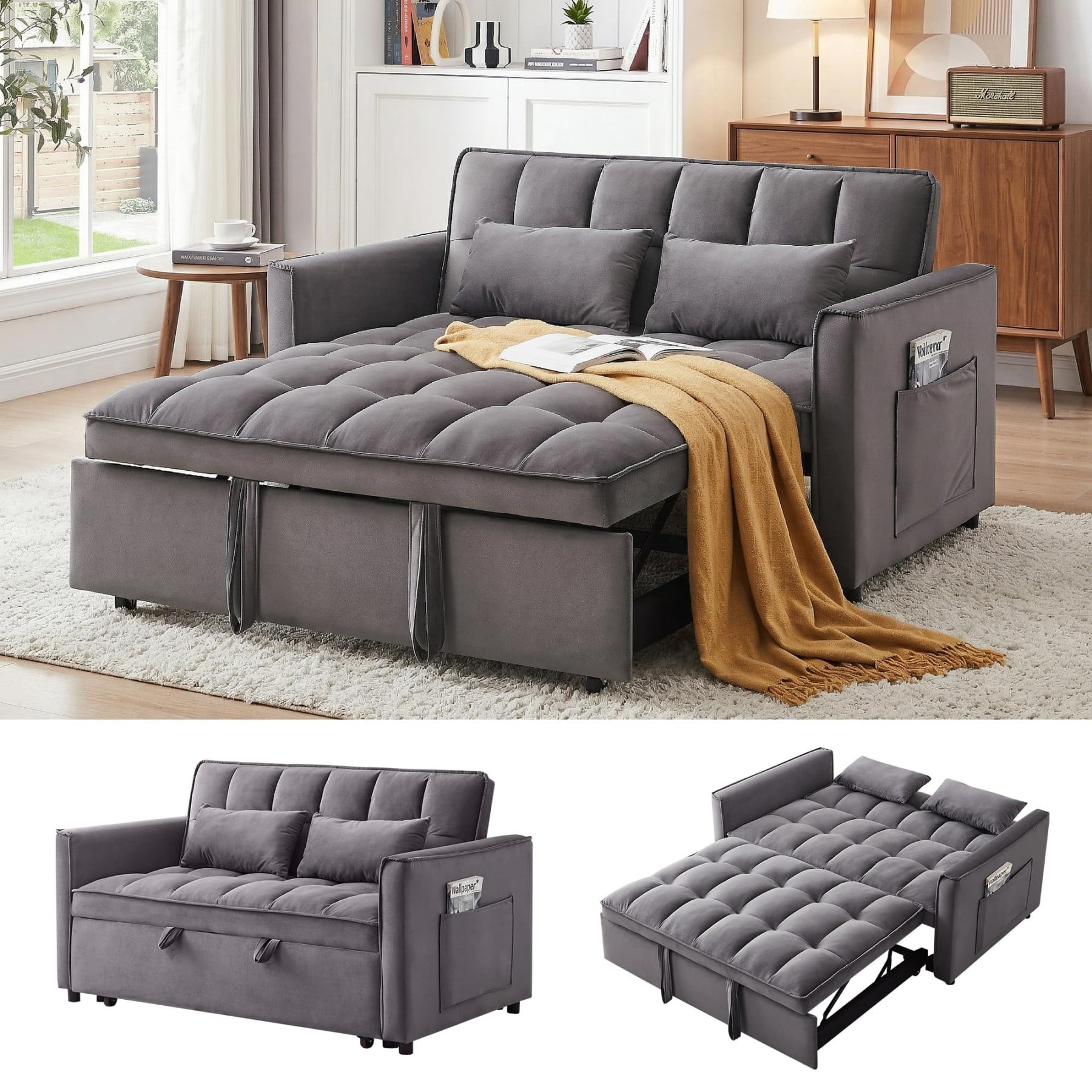 54" 3 in 1 Convertible Velvet Sofa Bed, 3 Position Foldable Sleeper Couch with Adjustable Backrest & Pillows, Dark Gray
