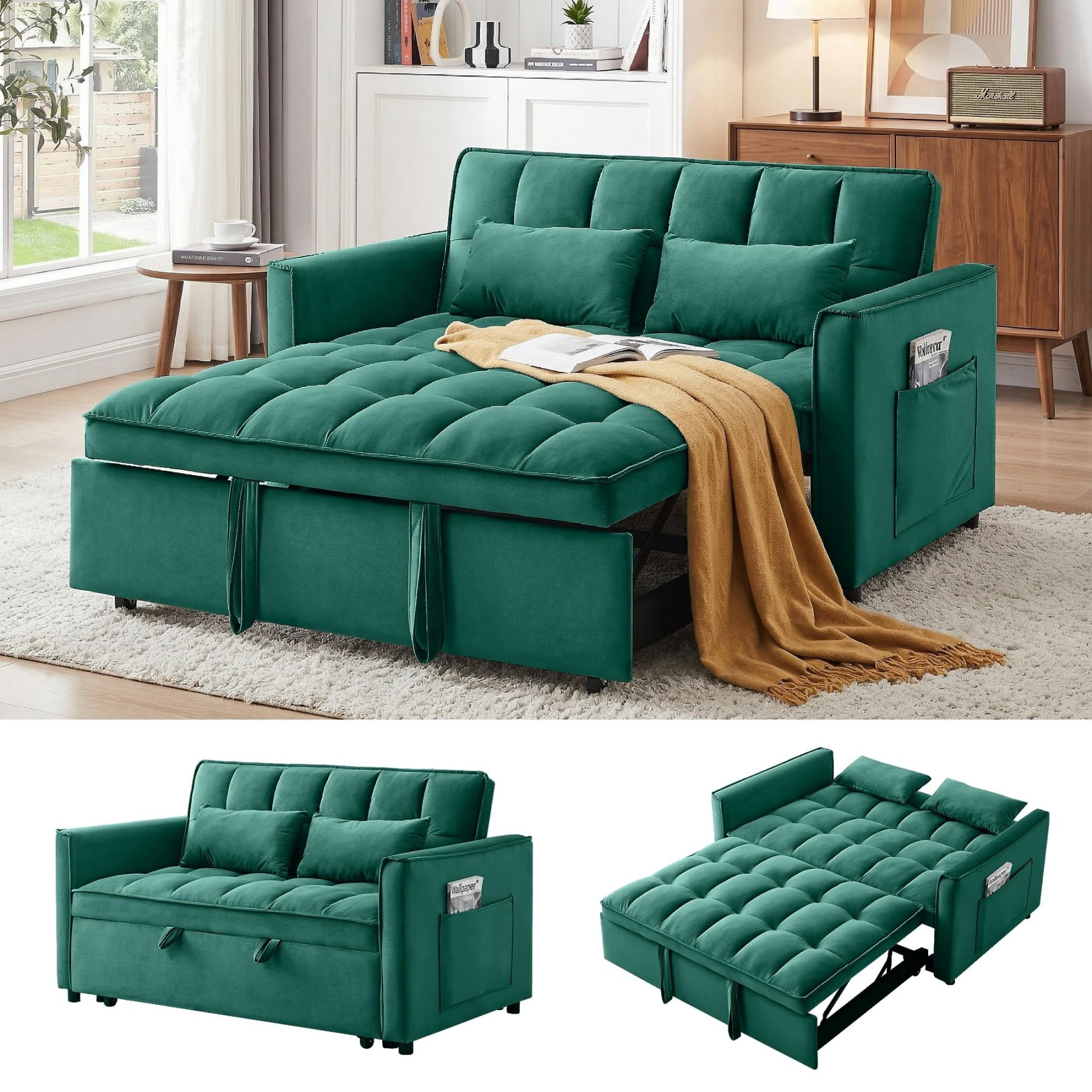 54" 3 in 1 Convertible Velvet Sofa Bed, 3 Position Foldable Sleeper Couch with Adjustable Backrest & Pillows, Dark Green