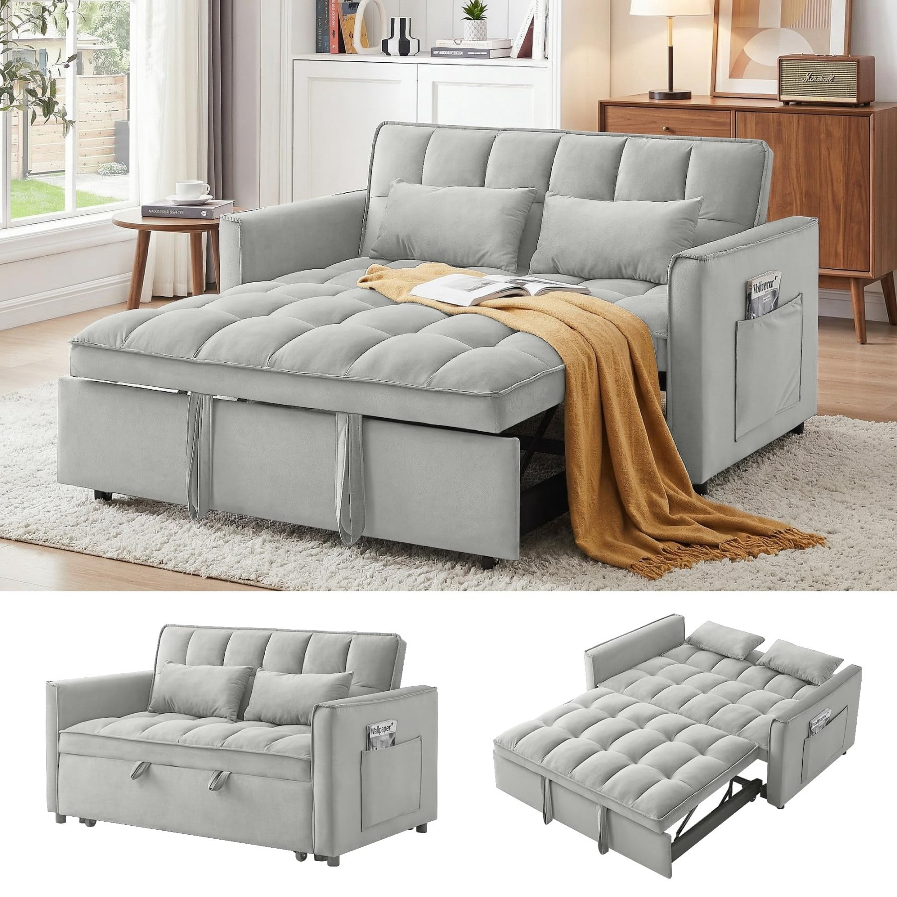 54" 3 in 1 Convertible Velvet Sofa Bed, 3 Position Foldable Sleeper Couch with Adjustable Backrest & Pillows, Light Gray