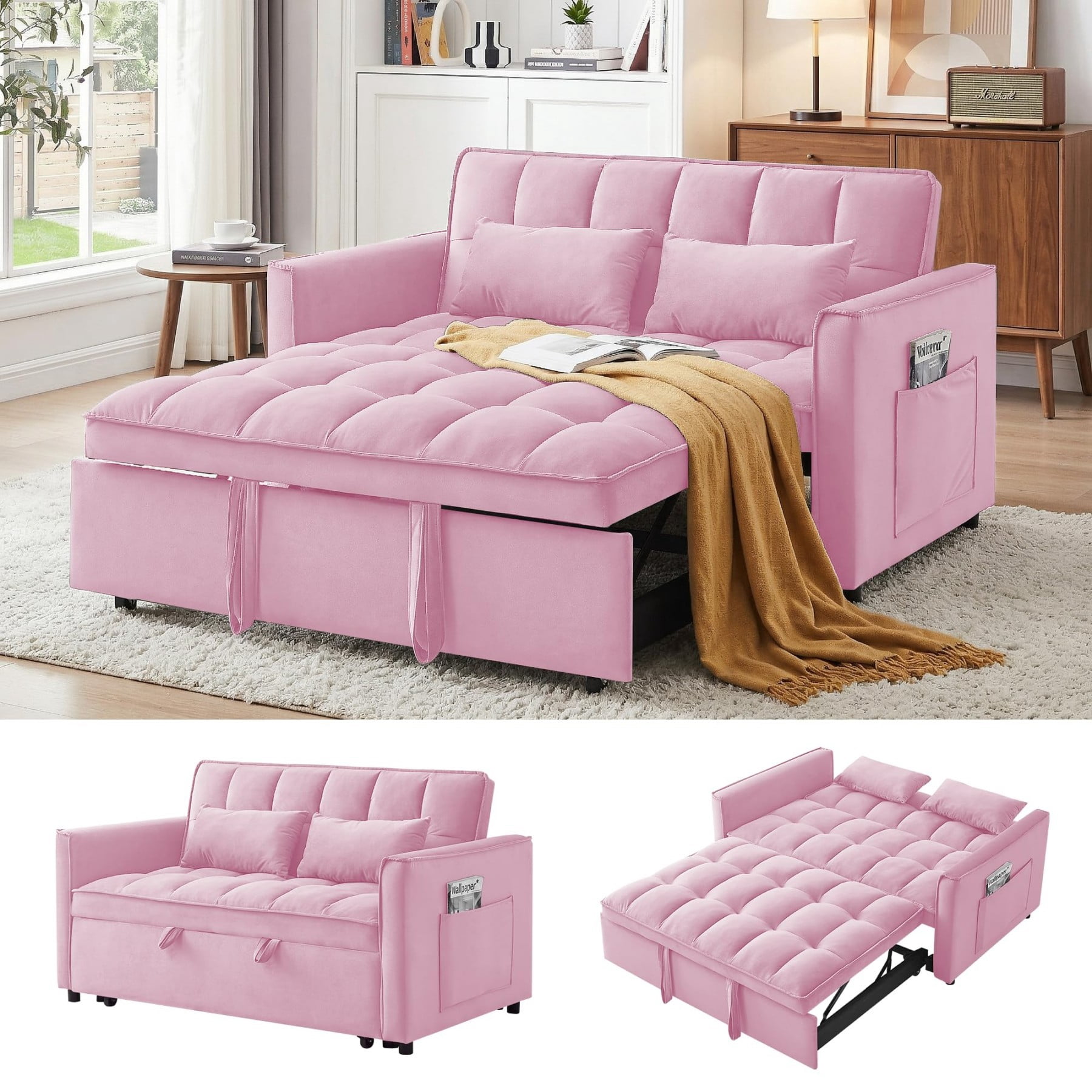 54" 3 in 1 Convertible Velvet Sofa Bed, 3 Position Foldable Sleeper Couch with Adjustable Backrest & Pillows, Pink