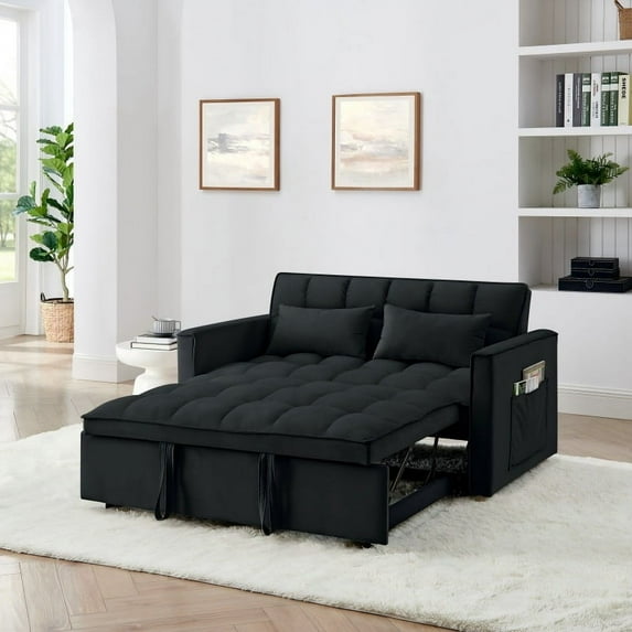 54.33" Convertible Sleeper Sofa Bed, 3 in 1 Convertible Sleeper Couch with Pull-Out Bed and Adjustable Back, Velvet Loveseat Sleeper Sofa for Living Room, Bedroom, Black