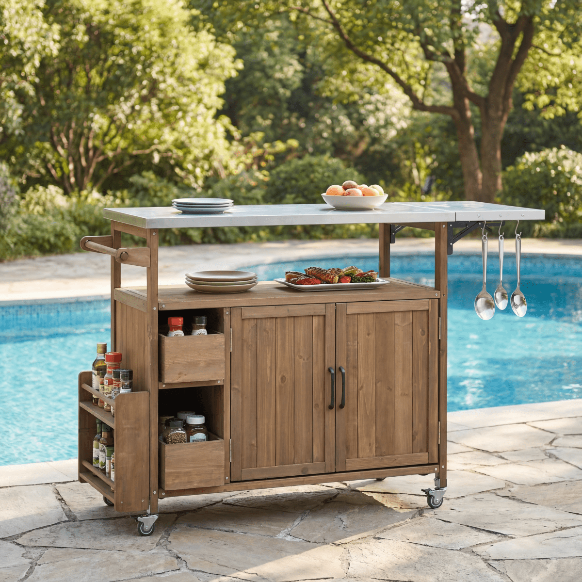 54.33" Farmhouse Rolling Outdoor Kitchen Cart, Solid Wood Frame with ...