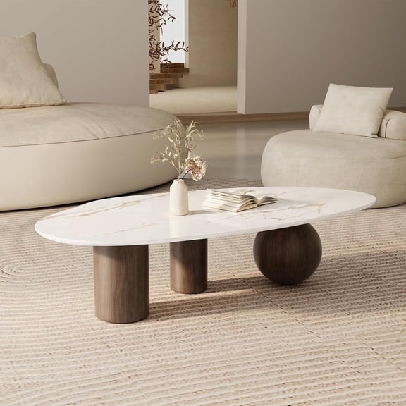 54.33" Oval Coffee Table for Living Room, Modern Coffee Table with Sintered Stone Top, Minimalist Living Room Table Triangle Center Table Tea Table for Home Office