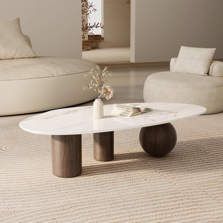54.33" Oval Coffee Table for Living Room, Modern Coffee Table with Sintered Stone Top, Minimalist Living Room Table Triangle Center Table Tea Table for Home Office