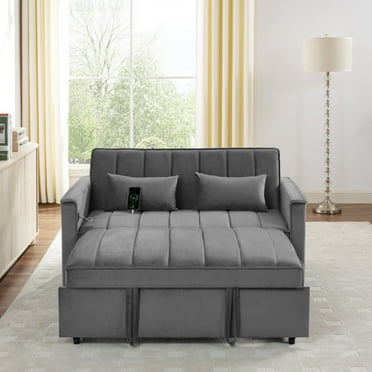 54.33" Sleeper Sofa Bed, 3-in-1 Velvet Pull Out Couch with Adjustable Back, Armrests, Storage Pockets and 2 Pillows, Sofa Bed Couch for Living Room, Bedroom, Gray