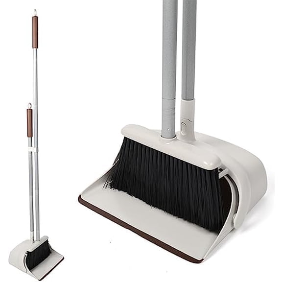 54" Long Handled Broom and Dustpan Set - Perfect Dust Pan and Brush Combo for Efficient Cleaning, Brown and White