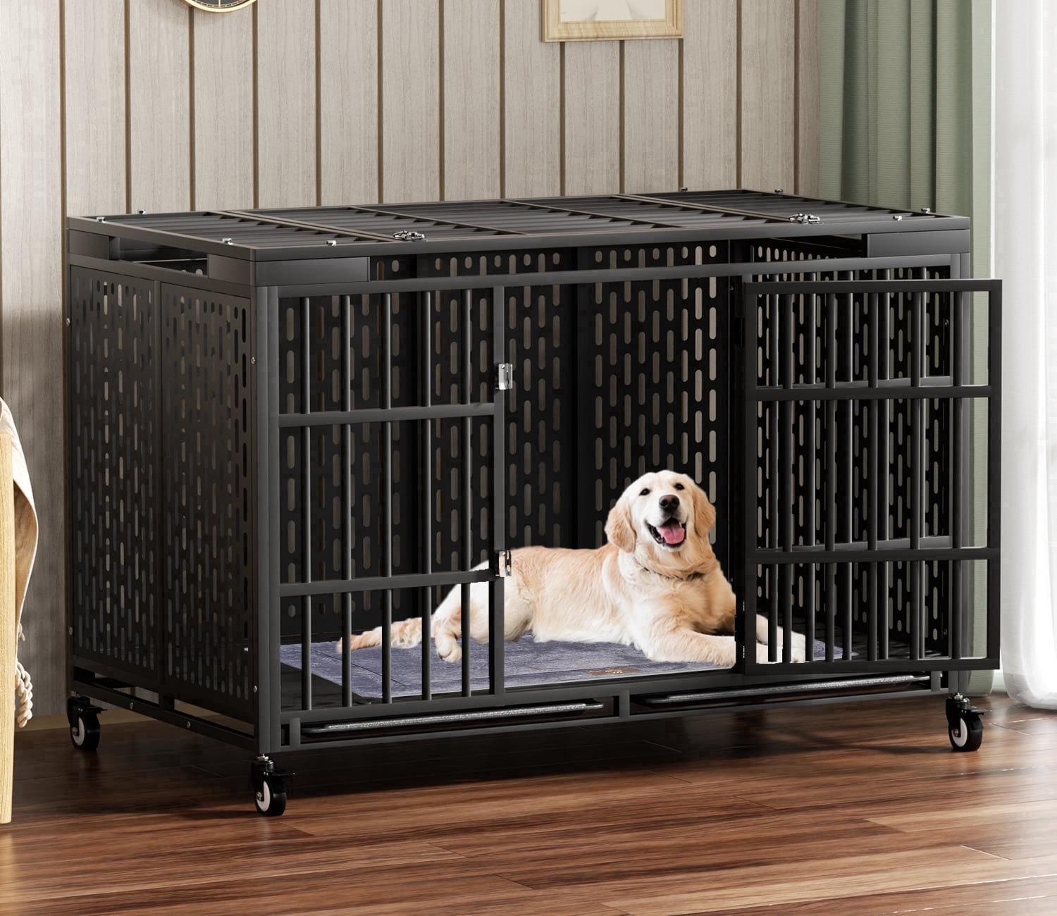 54/48/42/38 Inch Heavy Duty Dog Crate with Wheels, Folding Metal Big ...