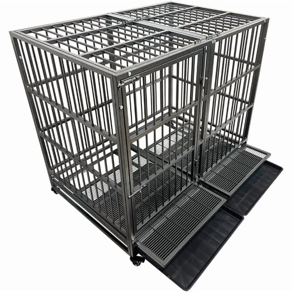 54/48/42/38 Inch Heavy Duty Steel Dog Crate with Wheels, Indestructible Chew Proof Kennel for Large Aggressive Dogs, Double Door Lockable Design, Removable Tray, Extra Large XL XXL Size, Black