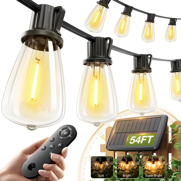 54(48+6) FT Solar St Lights Waterproof,Patio Powered with Remote & USB Port 15+1 LED Shatterproof Bulbs 3 Light Modes, Dimmable for Camping Backyard Garden