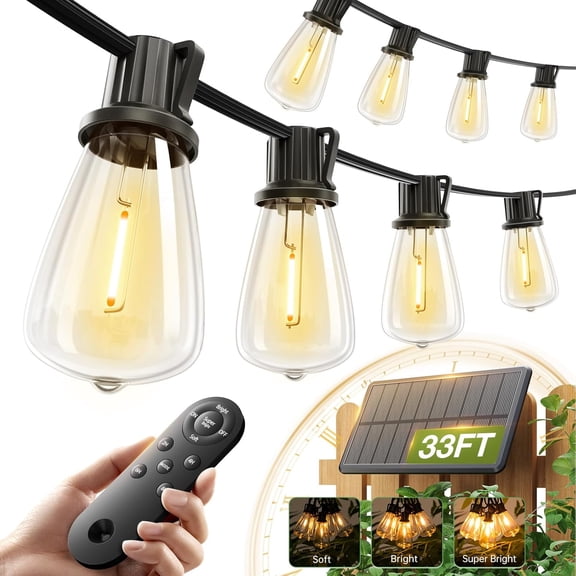 54(48+6) FT Solar String Lights Waterproof,Patio Lights Solar Powered with Remote & USB Port 15+1 LED Shatterproof Bulbs 3 Light Modes, Dimmable Solar Light for Camping Backyard Garden