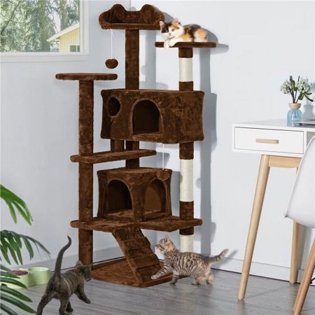 54.5" Double Condo Cat Tree with Scratching Post Tower Brown