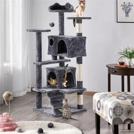 54.5" Double Condo Cat Tree with Scratching Post Tower Dark Gray