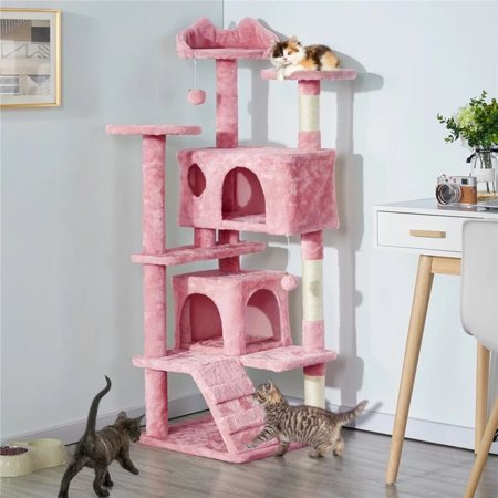 54.5" Double Condo Cat Tree with Scratching Post Tower Pink