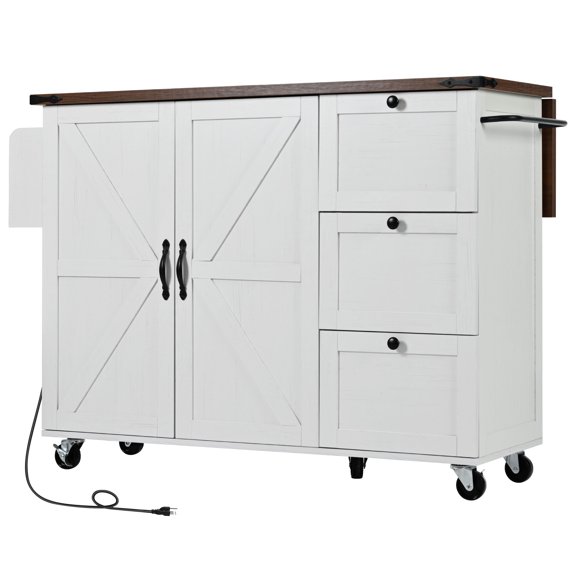 54.5" Farmhouse Kitchen Island with Power Outlet, Kitchen Storage Island with Internal Storage Rack, Drop Leaf, Spice Rack, Rolling Kitchen Cart on Wheels, for Home, Kitchen and Dining Room,White