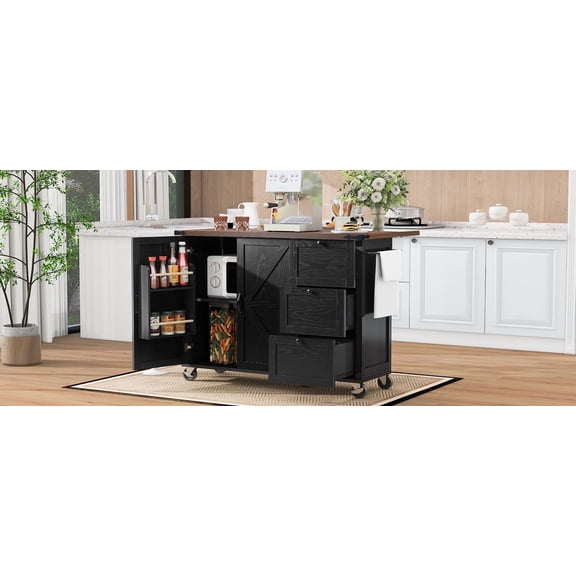 54.5" Farmhouse Kitchen Island with Power Outlet, Kitchen Storage Island with Internal Storage Rack, Drop Leaf, Spice Rack, Rolling Kitchen Cart on Wheels, for Home, Kitchen and Dining Room,Black