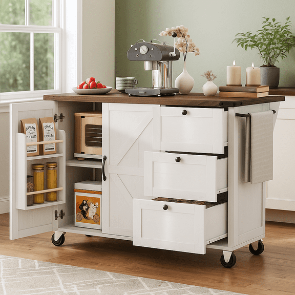54.5" Farmhouse Kitchen Island with Power Outlets, Built-In Storage Racks, Foldable Countertop, Rolling Kitchen Cart with Spice Rack & Wheels, Mobile Kitchen Island for Home or Dining Room, Black