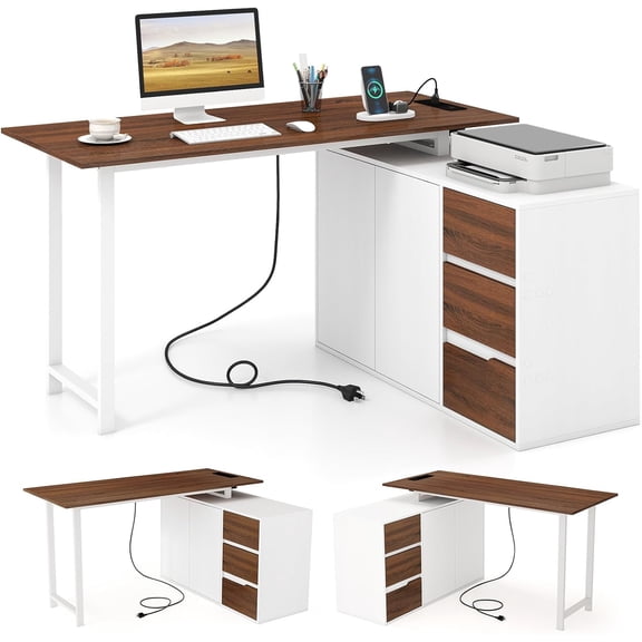 54.5” L Shaped Computer Desk with Power Outlet, Reversible Corner Desk with File Cabinet and 3 Drawers, PC Desk Study Writing Table Workstation for Home Office, Small Space, Brown & White