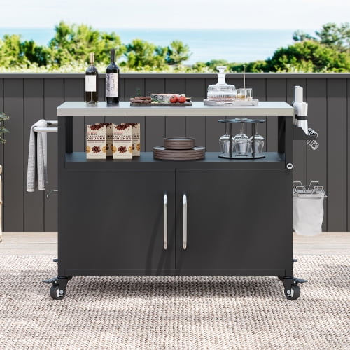 54.5" Outdoor Kitchen Island with Stainless Steel Tabletop, Metal Grill Cart Table with Storage Cabinet, Spice Rack and Towel Rack, Outdoor Bar Cart with 4 Lockable Wheels for Outside BBQ