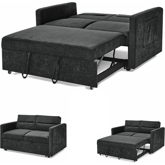54.5" Pull Out Sofa Sleeper Couch, 3-in-1 Convertible Sleeper Sofa Bed for Living Room Apartment, Breathable Chenille Adjustable Sleeper Loveseat with Pull Out Bed and Side Pockets, Black