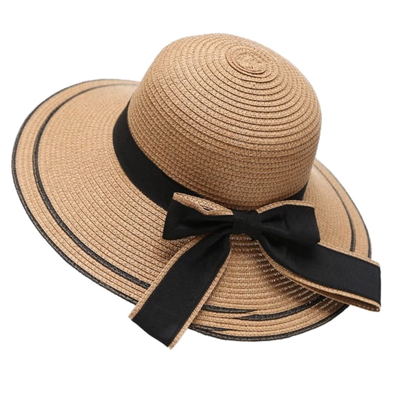 54-58cm hat circumference hat female summer outdoor seaside big eaves sunscreen sunshade straw hat bow tie foldableKhaki