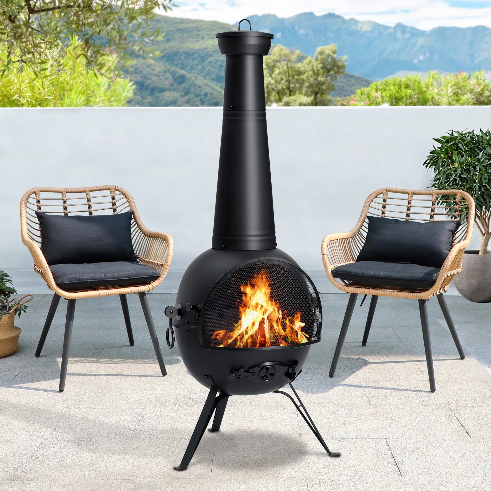 54.5" Black Painted Iron Wood-Burning Chiminea Fireplace